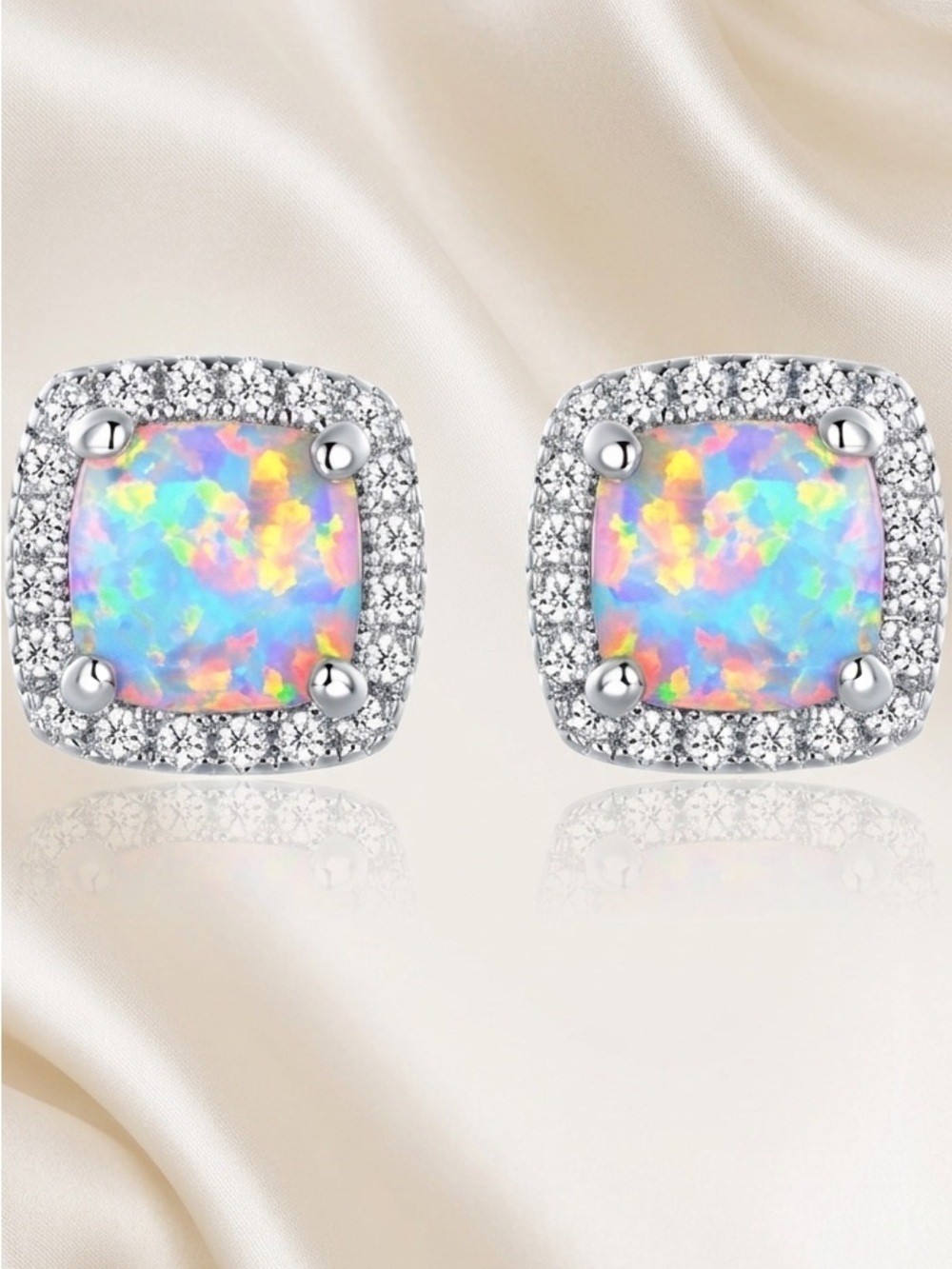 White Gold Plated Stud Earrings With White Created Opal